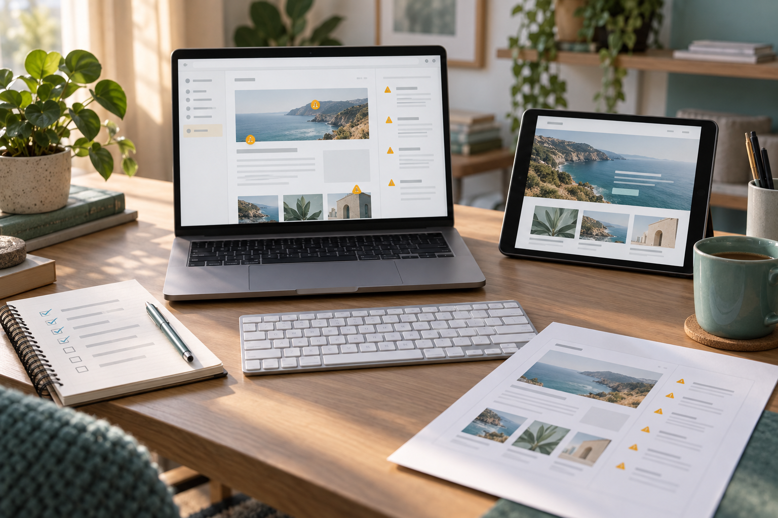 Illustrative developer desk with website review and screenshot reports