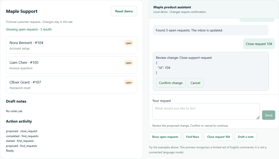 02 · Review before changing: See the proposed action and its arguments. Confirm or cancel before anything changes.