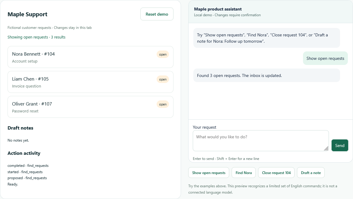 SDK demo showing three open customer requests next to the assistant's search response