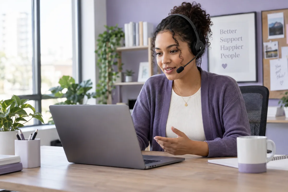 Support agent answering a visitor from her laptop