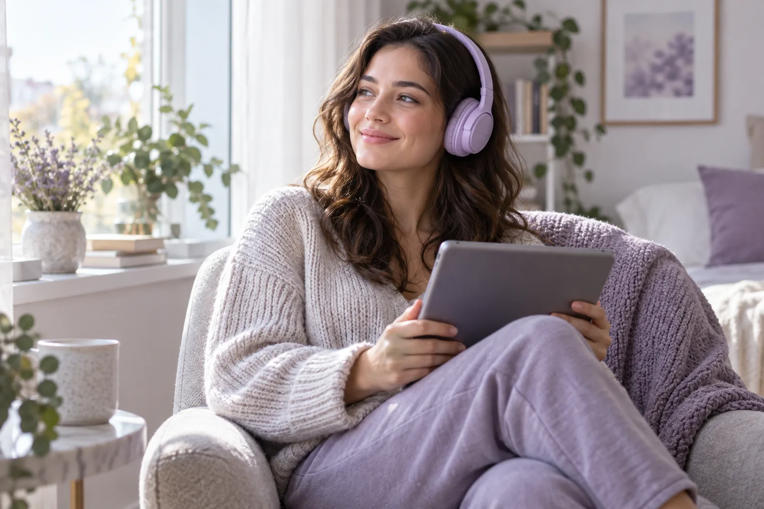 Woman listening with headphones and a tablet by a window