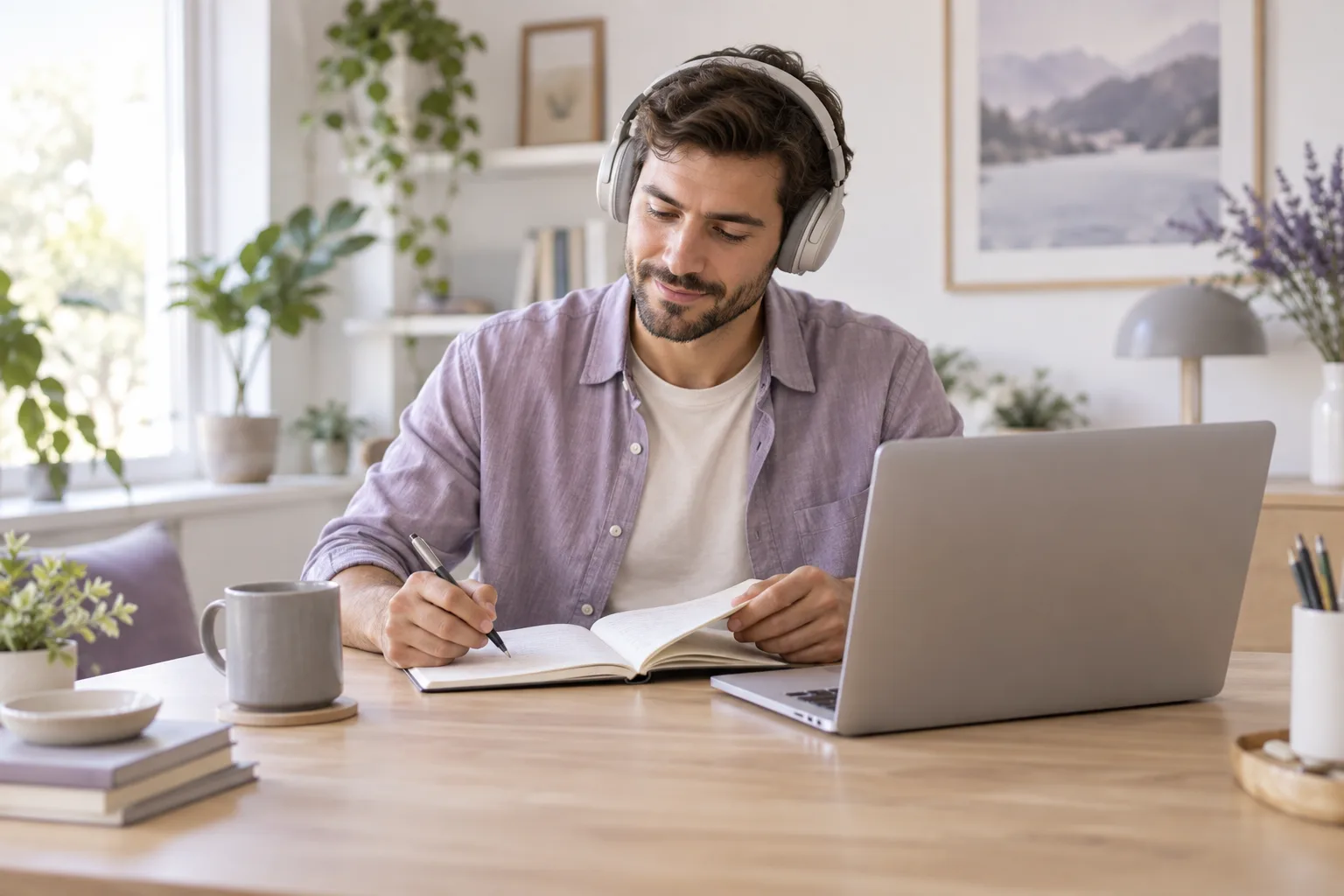 Writer reviewing a notebook beside his laptop