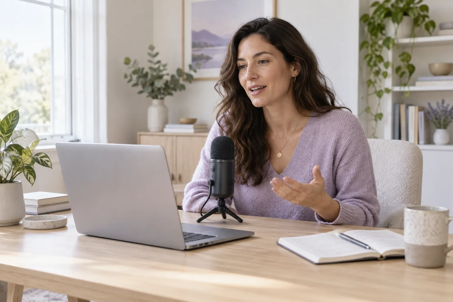 Woman speaking into a microphone beside her laptop