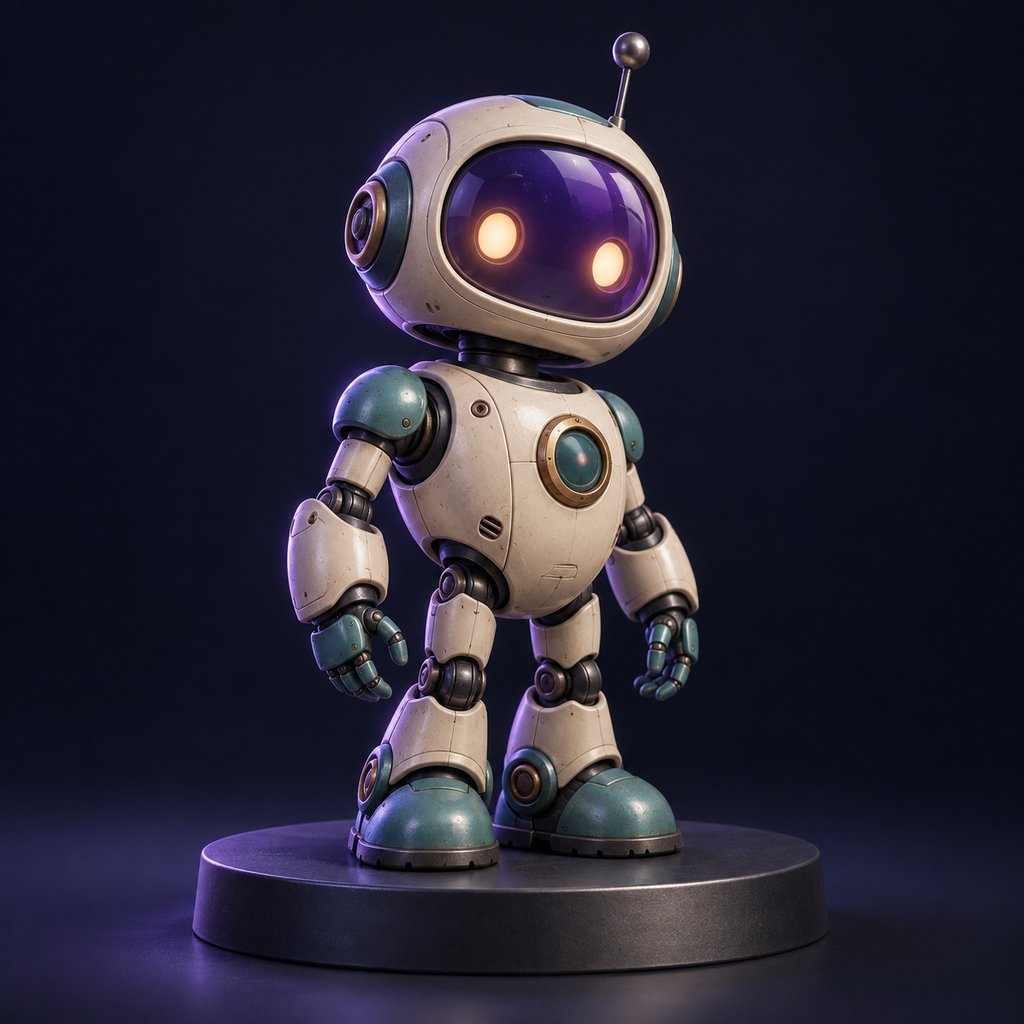 Illustrative 3D-style render of a ceramic retro robot with teal details on a dark display plinth