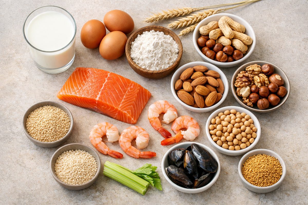Common food allergens: milk, eggs, wheat, peanuts, tree nuts, soybeans, fish, shrimp, mussels, sesame, celery and mustard seeds