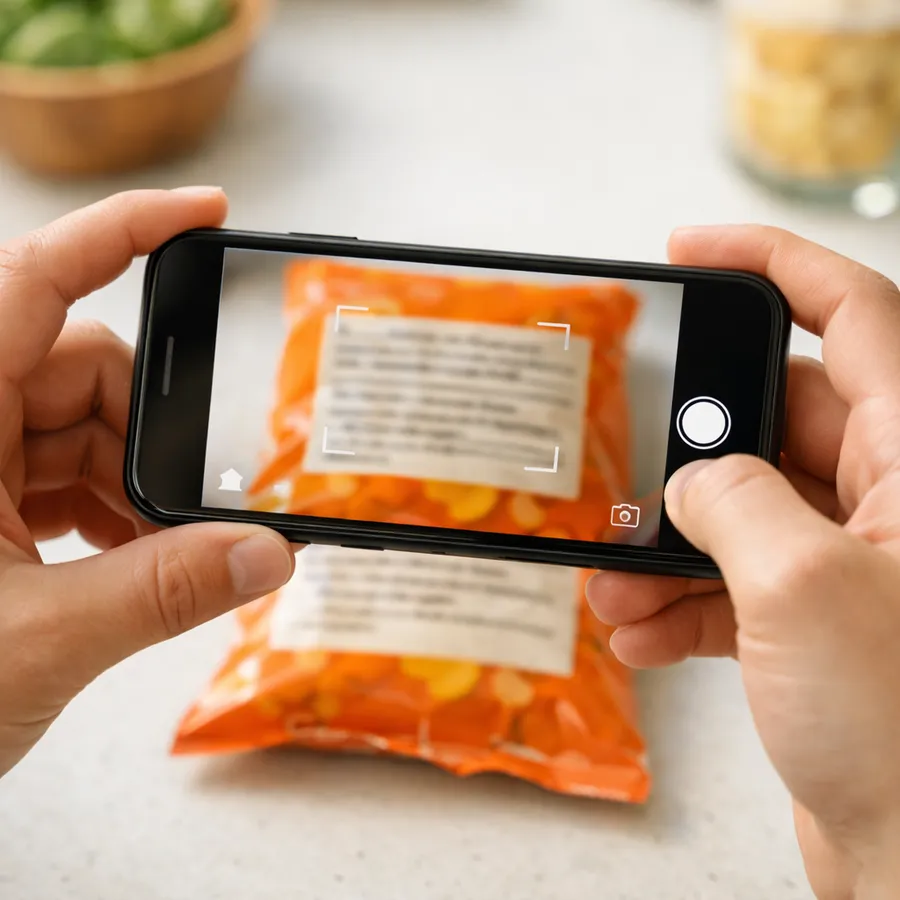 Hands holding a phone over a snack packet, framing its ingredient panel