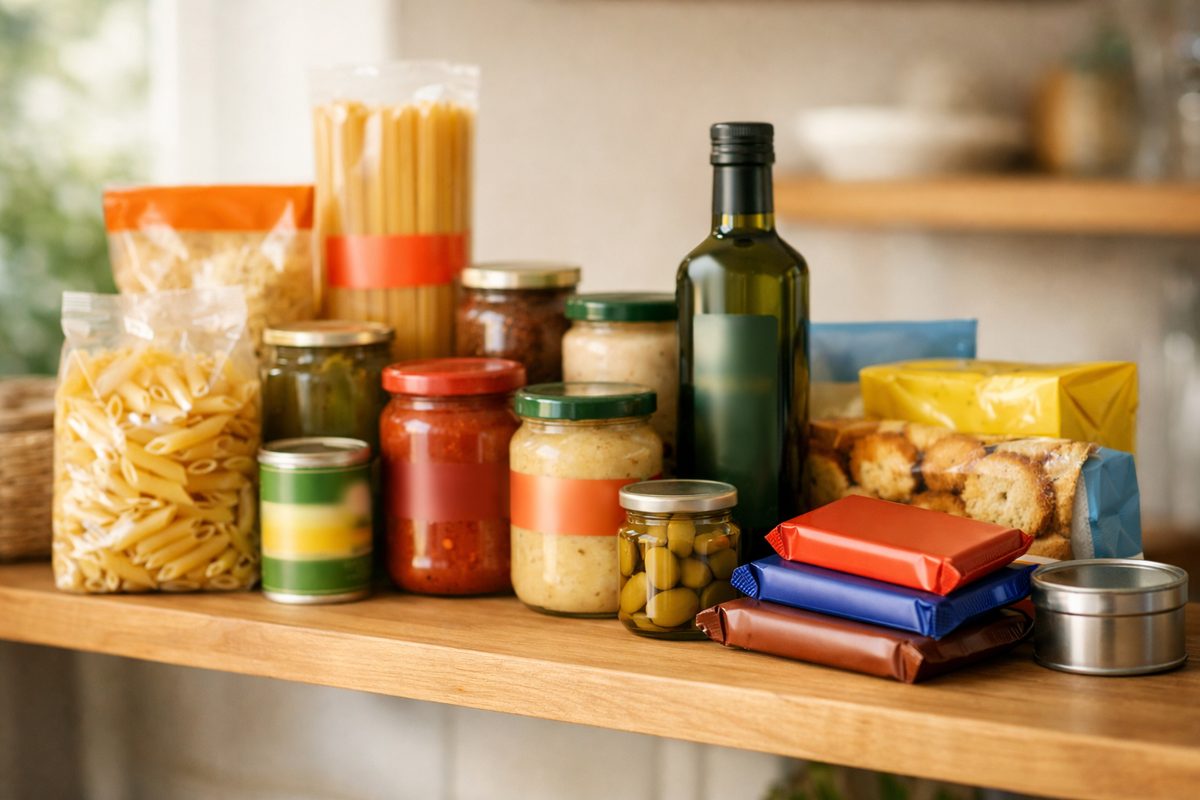 Shelf of packaged foods from several countries: pasta, jars of sauce, olive oil, biscuits and chocolate