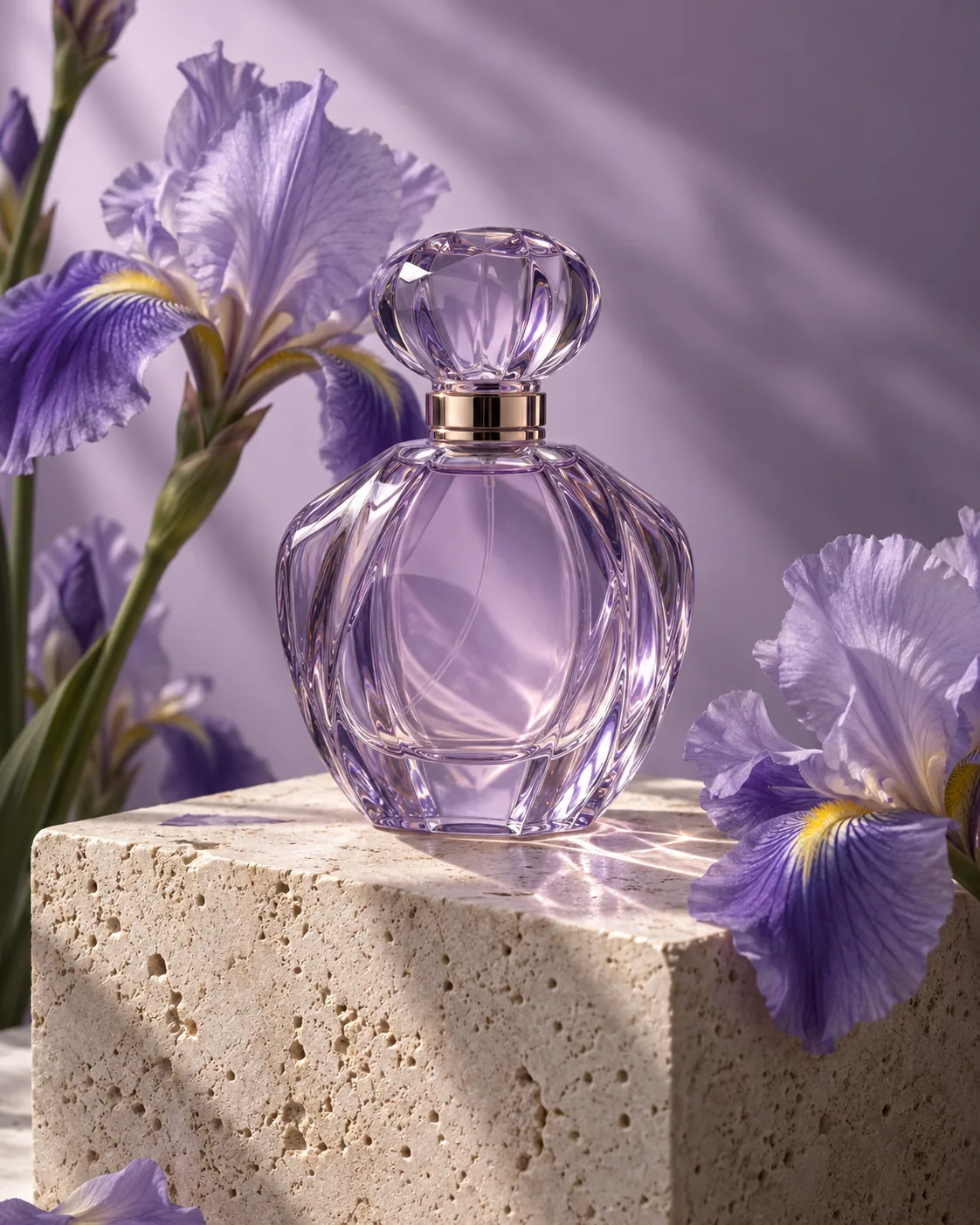 Product shot: a lavender perfume bottle on a stone pedestal