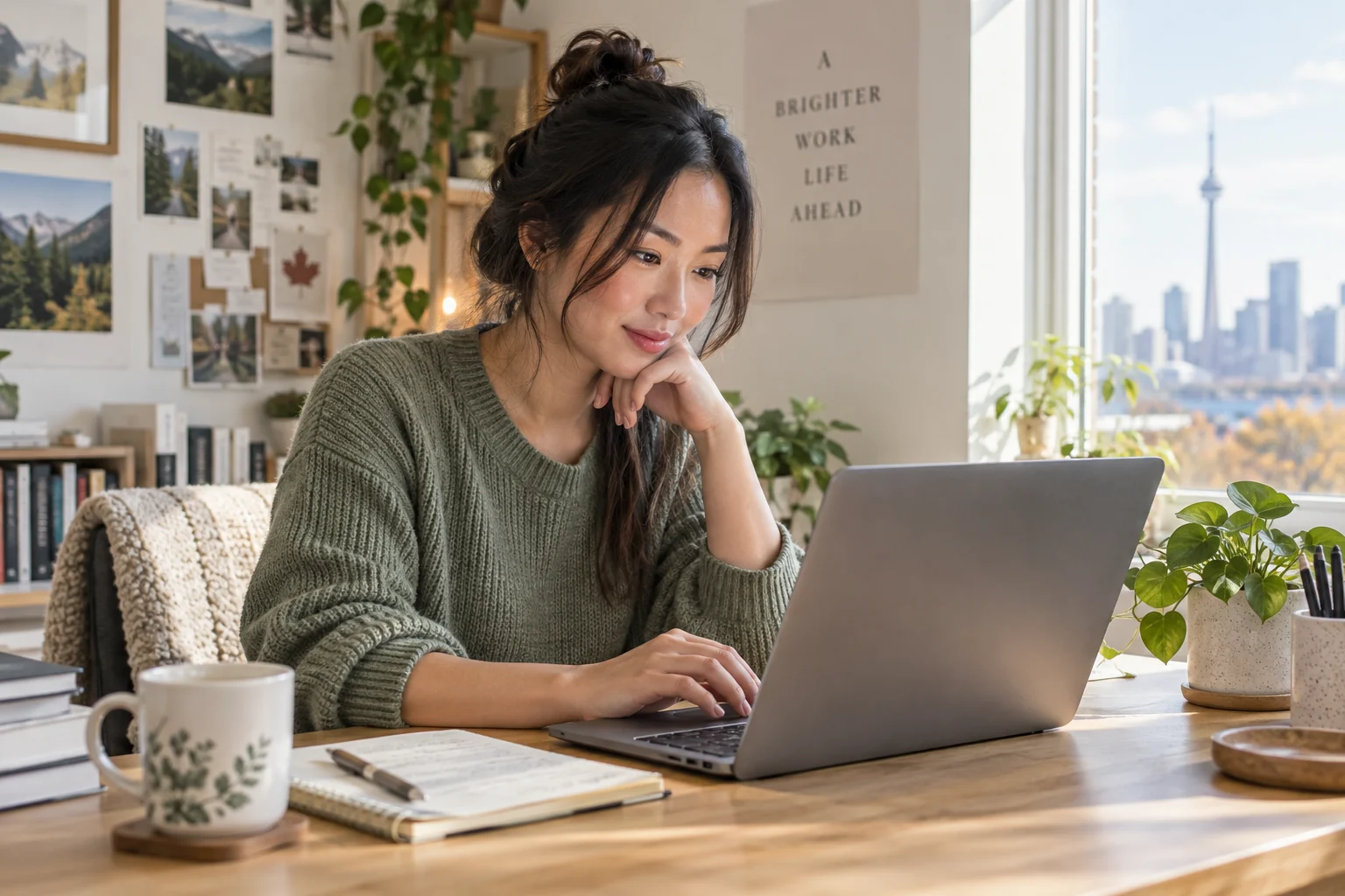 A young woman preparing her resume at her desk