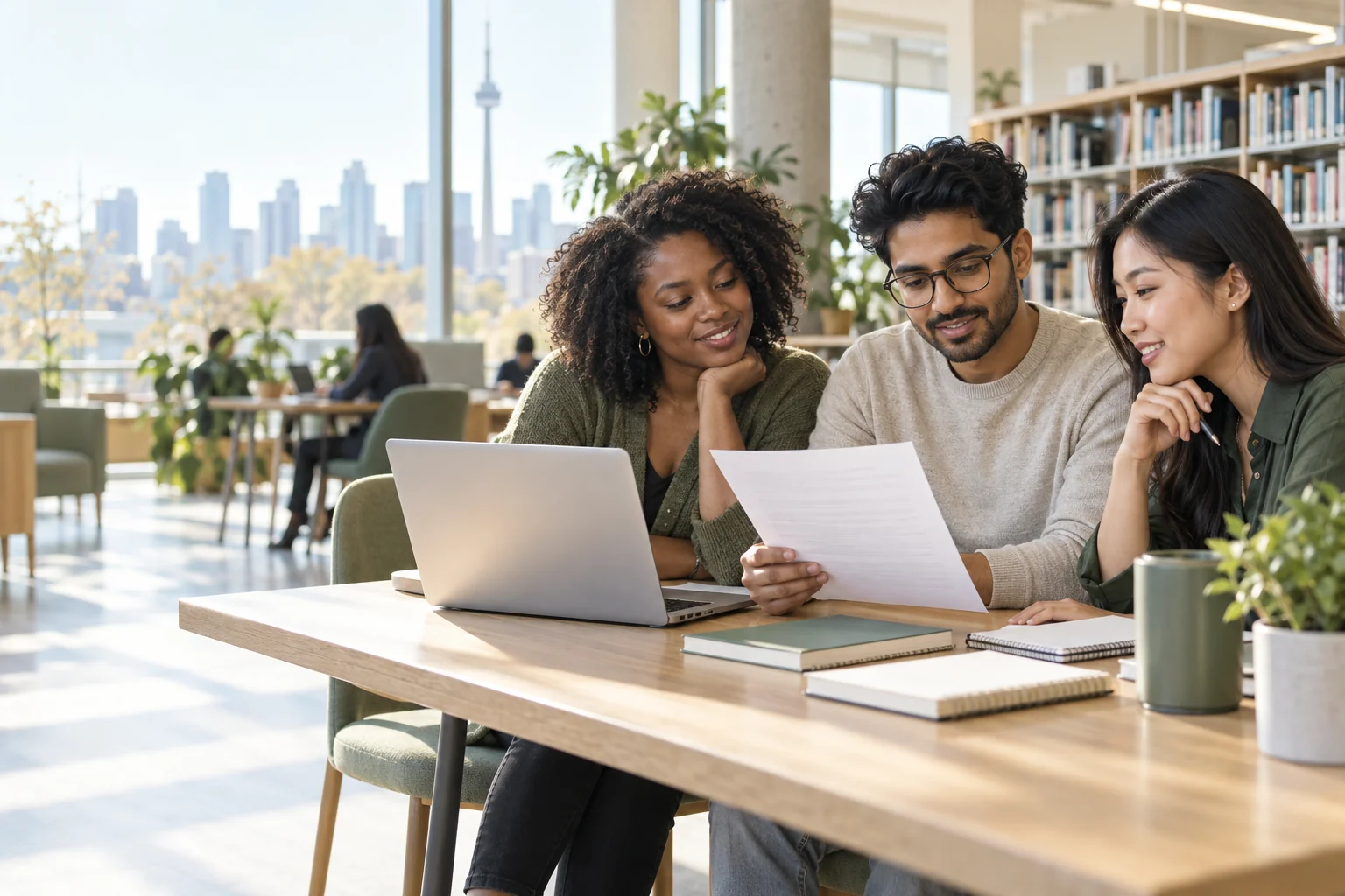 Young adults reviewing a resume together in a bright library