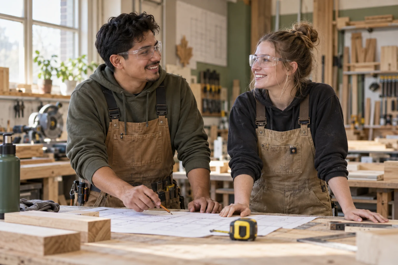 Young apprentices discussing a plan in a training workshop