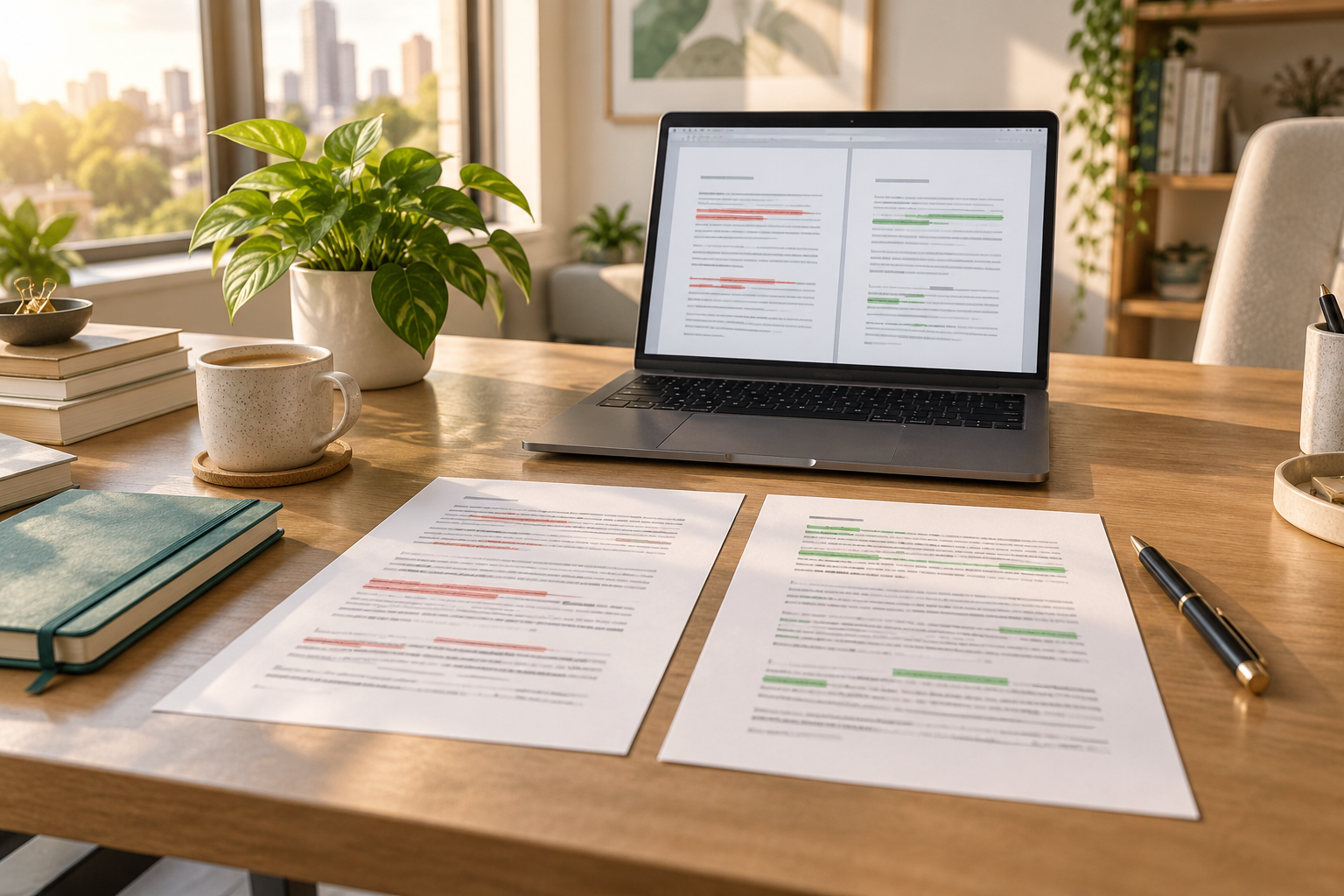 Illustrative office desk with two marked contract versions and a document comparison laptop