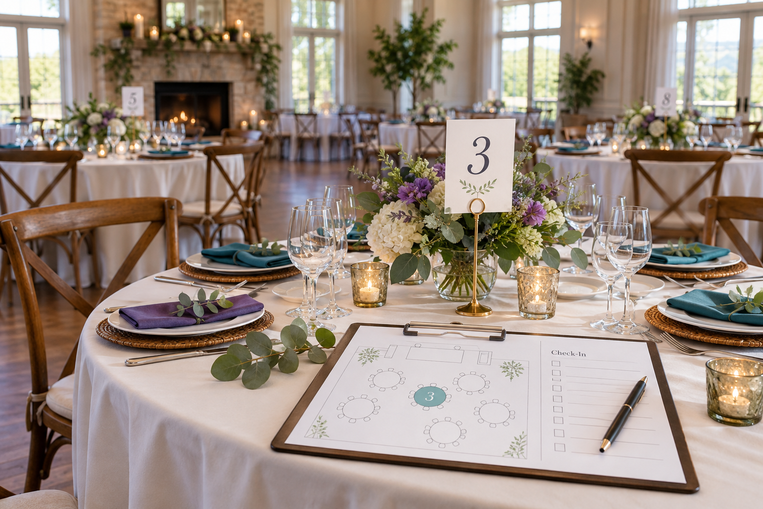 Banquet tables with a table-number card and seating clipboard
