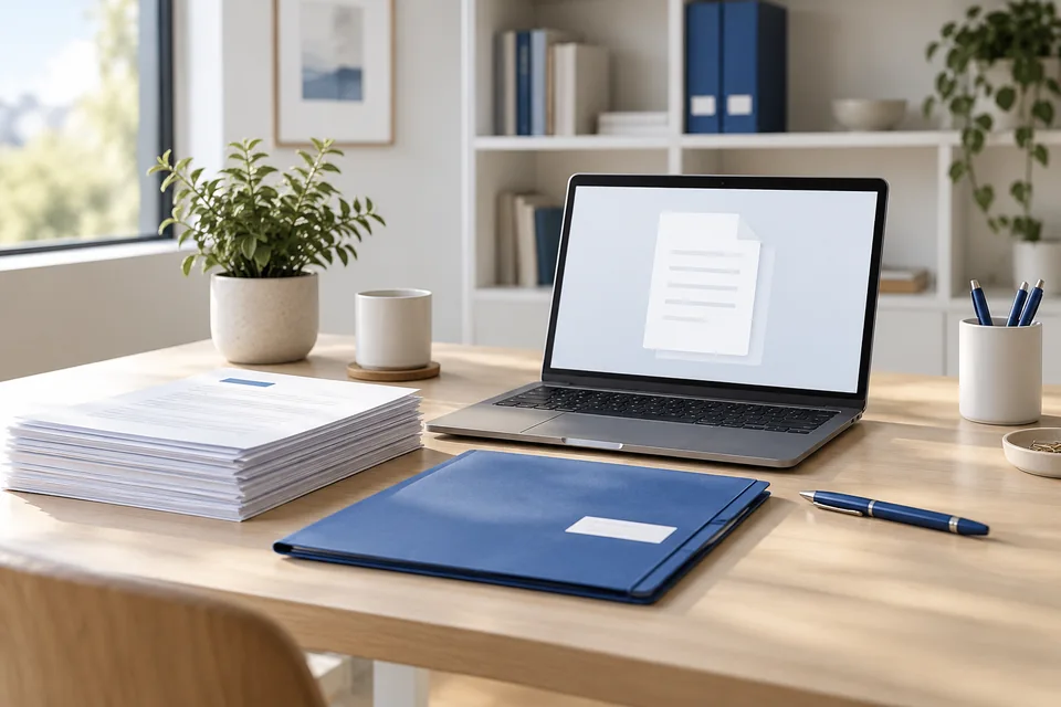 Laptop and neatly organized documents beside a blue archive folder