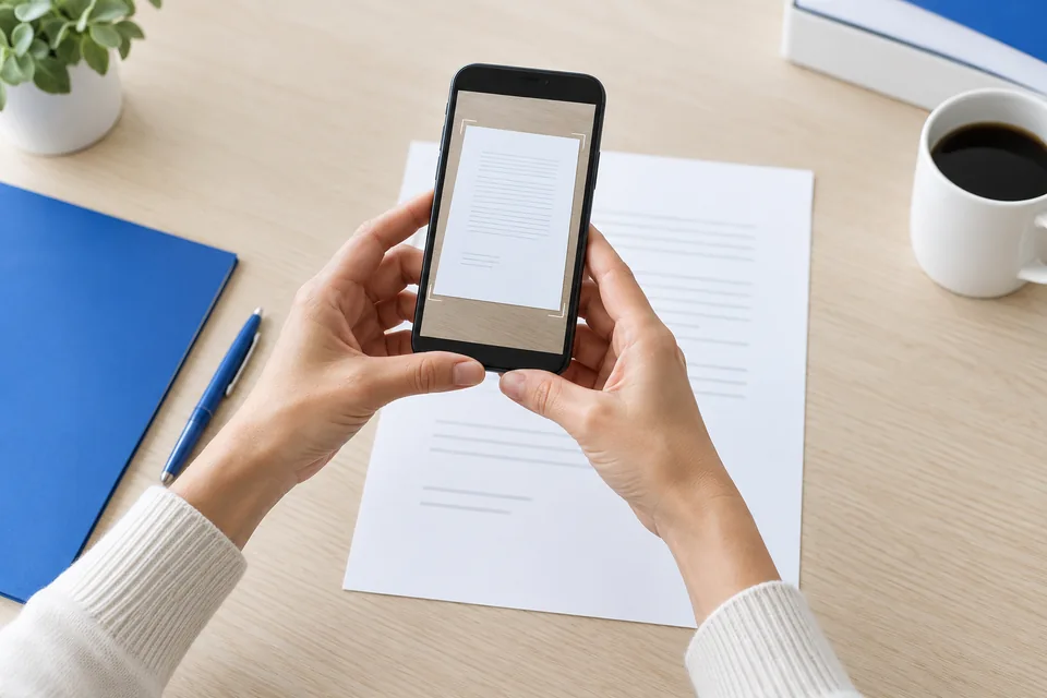 Hands holding a phone over a paper document for scanning
