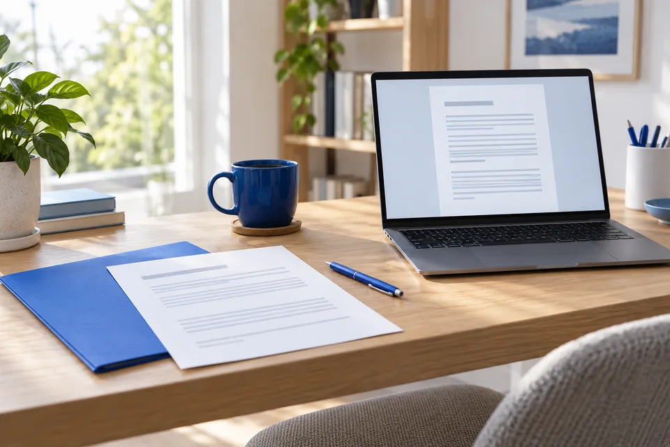 Laptop, paper document and blue folder on a sunlit desk