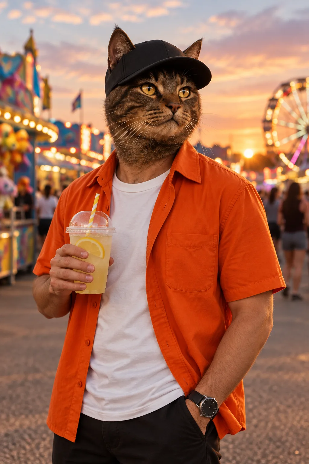 Illustrative tabby cat portrait wearing an orange shirt and black cap at a sunset fair