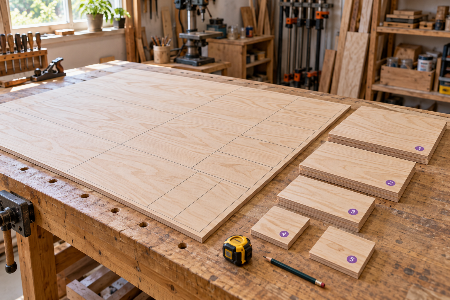 Woodworking bench with plywood cut layout and cut parts