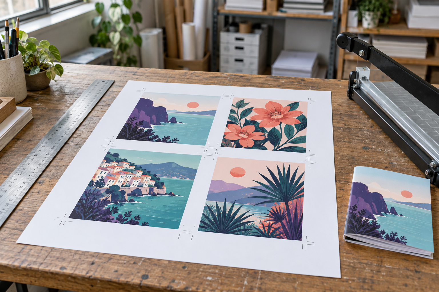Print workshop with four postcard designs on one sheet