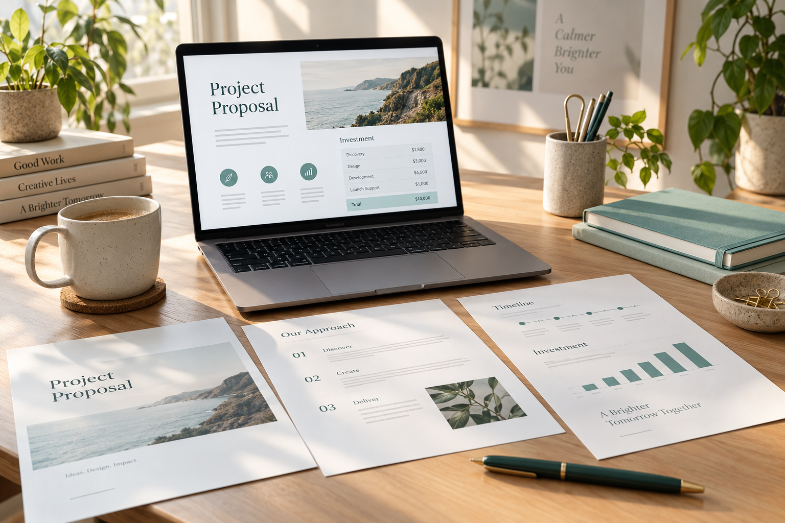 Illustrative studio desk with a client proposal and itemized pricing