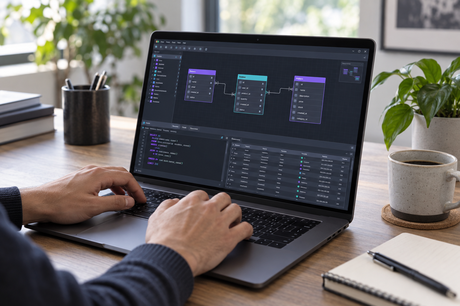 Developer laptop with connected database tables