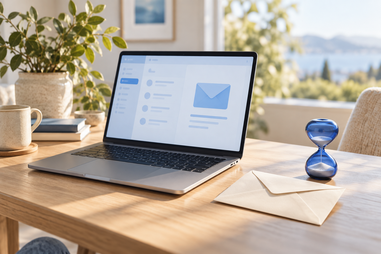 A sunlit desk with a laptop, envelope and blue hourglass, representing a temporary email inbox