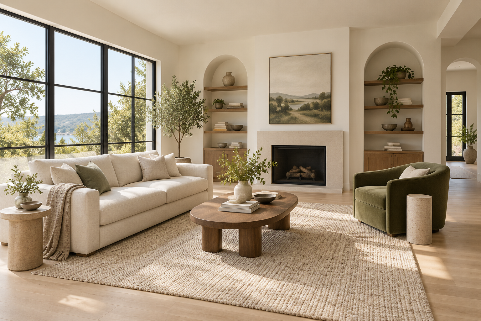 The same living room furnished with a cream sofa, walnut table and olive chair